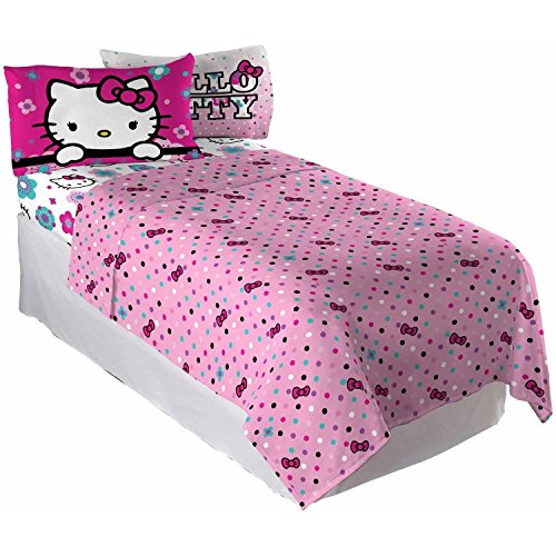 Hello Kitty White Kids Pink Reversible Floral Ombre Flat and Fitted Full Bedding Sheet for Girls (4 Piece in a Bag)
