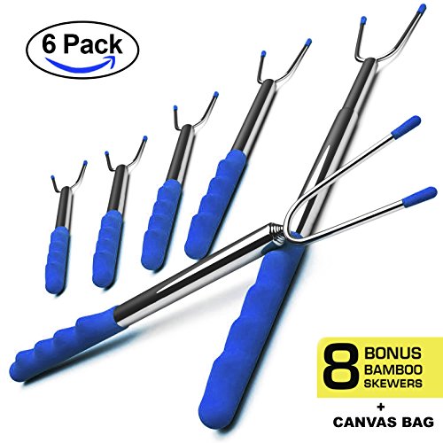 Premium Marshmallow Roasting Sticks – Multi-Use Forks For Outdoor Cookware, BBQ & Campfire. 6 Telescoping Roasting Sticks 8 FREE Bamboo Sticks – Extendable Hot Dog Forks / Smores Sticks -Safe For Kids