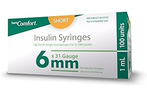 SureComfort U-100 Insulin Syringes 31G x 1/4" 1cc (6 mm), Quality Disposable Syringes for Diabetes Care, Box of 100