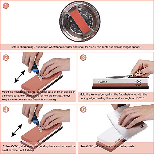 E-Gtong Premium Knife Sharpening Stone Set, 2 Side Grit 3000/8000 Waterstone with Rubber Base, Best Whetstone Sharpener Made with White Corundum for All Kinds of Knives