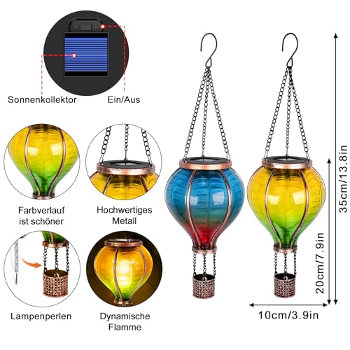 IEEILULU 2 x Solar Hot Air Balloons, Garden Decoration for Outdoor Use with Decorative Flame Effect, Lightzone Solar LED Hot Air Balloon, Solar Lantern for Outdoor Patio, Balcony, Stake Path, Lawn