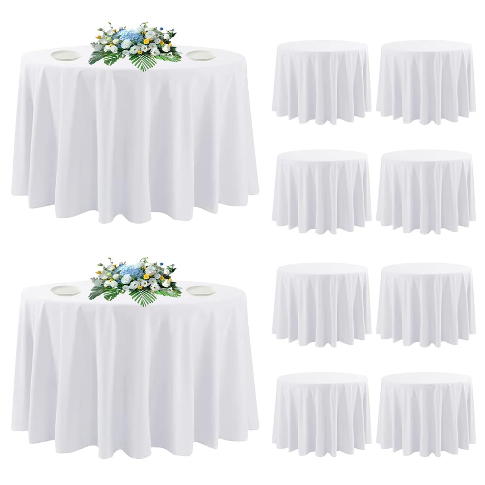 Photo 1 of 10 Pack Round Tablecloth White 120 Inch, Stain Resistant and Wrinkle Polyester Fabric, Washable Table Cover for Kitchen Dining, Wedding, Buffet Table, Holiday Party