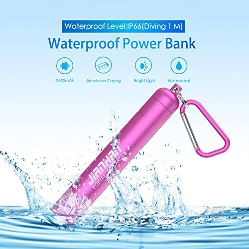 2600mAh Waterproof Power Bank, JianHan Portable Charger Outdoor Waterproof USB External Battery with LED Flashlight for iPhone,Samsung,Android phones and More (Rose Red)