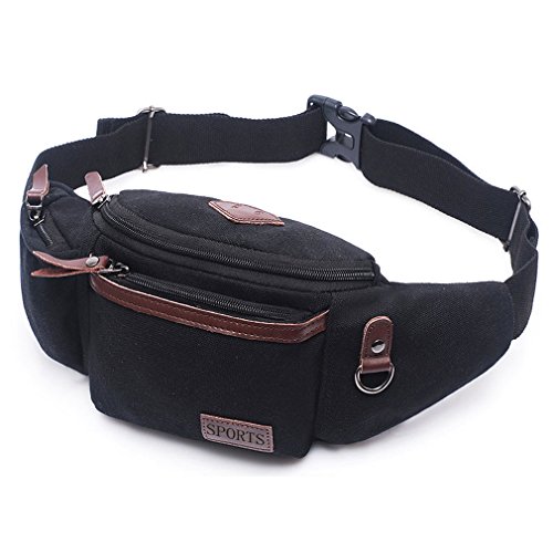 Sprots Men's Canvas Fanny Pack Waist Bag Pack Running Waist Hiking (Black)