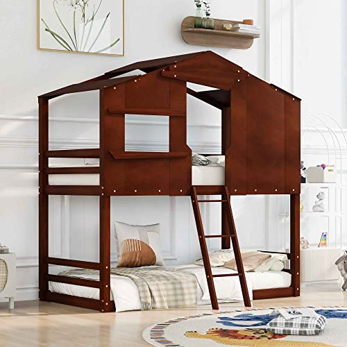 ATY House Bunk Bed Twin Over Twin with Ladder, Solid Wood Bunkbeds w