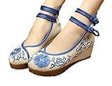 AvaCostume Women's Embroidery Strappy Round Toe Platform Wedges Fashion 38 Blue