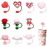 10pcs Silicone Straw Covers Valentine’s Day Heart Rose Flower Straw Topper Cute Reusable 10mm Drinking Straw Tips Accessories For Valentines Party Decoration