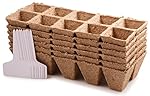 Planters' Choice Jiffy Seed Starter Pots Trays, Biodegradable Peat, 6 Pack / 60 Cells + 10 Plastic Plant Markers
