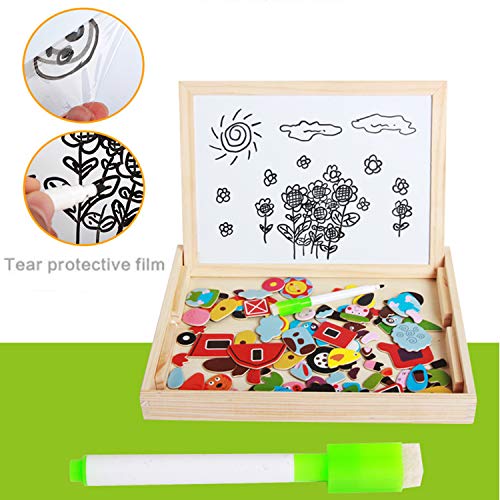 Magnetic Jigsaw Puzzles Matching Picture Game Double Sided Wooden Easel Drawing Blackboard Magnetic Whiteboard Animal/Vehicle Magnet Puzzle Educational Learning Toys Gifts For Kids Boys Girls Age 3-6