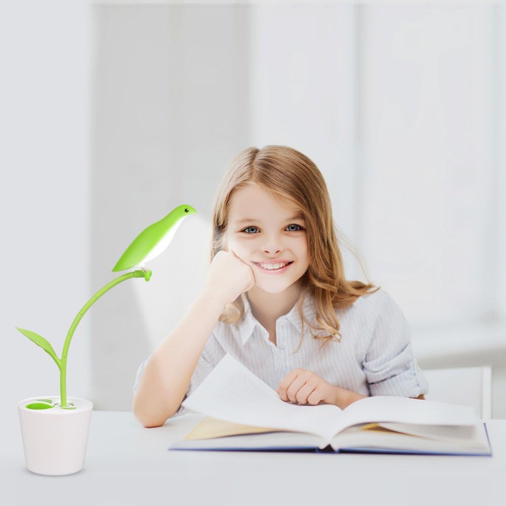 IWILCS LED Desk Lamp,Stylish Design LED Table Reading Lamp,Eye-Care 3 Dimmable Levels Touch Sensor Switch,USB Charging Port,Flexible Neck,Organizer Pen Holderf or Kids Children(Green Bird)
