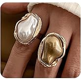 Quivox Vintage Pearl Rings for Women,Chunky Gold Statement Stacking Rings Adjustable Large Baroque Pearl Open Ring Set,Boho Everyday Jewelry Accessories