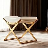 BTUASSDY Vanity Stool No Assembly Required - Modern Makeup Chair with Golden X-Frame, PU Leather Cushioned Seat for Bedroom, 