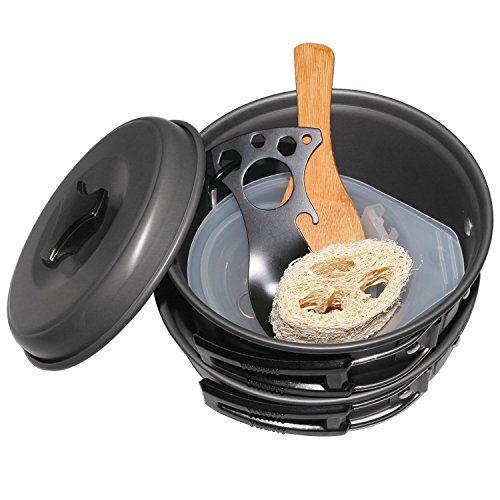 Startostar 11-Piece Camping Cookware Mess Kit with Anodized Aluminum Pots and Pans Set, Spork, Mesh Bag, Canister Stand Tripod and Box
