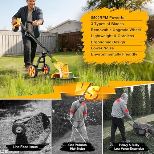 Electric Weed Wacker Cordless with Wheels,Electric Weed Eater Battery Powered 4000mAh,4 in 1 Grass Trimmer/Brush Cutter/Grass Edger/Lawn Mower,No String Trimmer with Blade,2 Battery