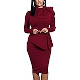 Women's Peplum Bodycon Long Sleeve Wear to Work Dresses Bow Party Club Ruffle Formal Cocktail Pencil Dress