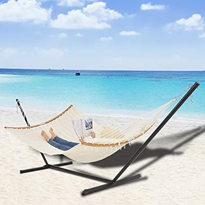 Patio Watcher 11 Feet Quilted Fabric Hammock with Curved-Bar Bamboo and Detachable Pillow, Double Hammock Perfect… 51a0JOcyAjL