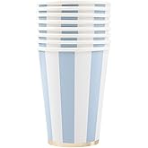 Bonjour Fête Light Blue Cabana Stripe Party Cups | Disposable Cups for Holidays, Baby Showers, Easter & Birthday Decorations | Premium 12oz Party Supplies | Pack of 8 | Elegant Disposable Drinkware