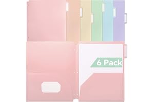 SortRax Plastic Folders with Pockets 3 Hole Punched, 6 Pack Pastel Pocket Folders for 3 Ring Binder, Unique 1/3 Cut Tabs with Colorful Labels, School Folders, Letter Size