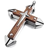 INBLUE Men's Stainless Steel Wood Pendant Necklace Silver Gold Tone Cross -With 23 Inch Chain