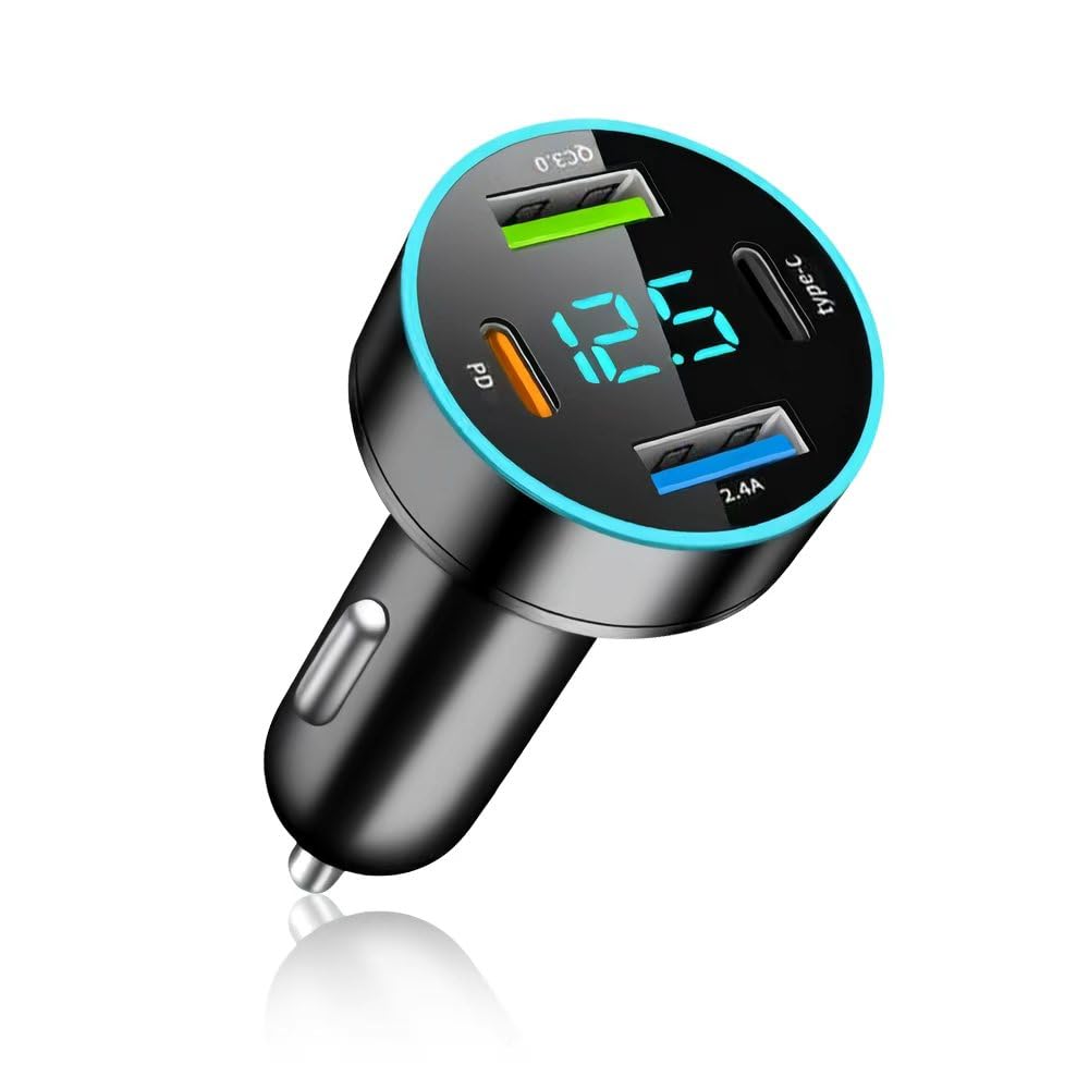 Photo 1 of 4-in-1 Fast Car Charger, PD/QC3.0/Type-C Fast Charging, Universal Phone Cigarette Lighter USB With Blue LED & Voltmeter for Truck SUV (QC3.0+Type-C+PD+2.4A)