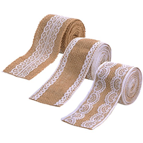 eBoot 3 Pieces Natural Burlap Ribbons with White Laces for DIY Handmade Wedding Crafts Lace Linen, 78.7 Inches Each