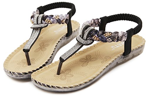 Women's Summer Bohemian Glitter T-Strap Vacation Flat Thong Sandals, Simple Rhinestones Black Open Toe Herringbone Silk-Like Floral Comfy T Strap Shoes for Dressy Casual Jeans Daily Wear Beach Holiday