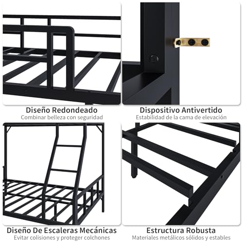 SIMPLE ESPACIO Literas Individuales y Matrimonial, Barandilla, Negro | 142x183x195CM, lamas metal, barandilla 30CM, escalera. Literas matrimonial e individual, litera individual, cama litera.