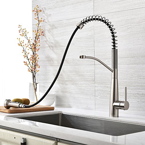 Pre Rinse Spring Kitchen Faucet With Pause-Bokaiya Commercial Brass Brushed Nickel Stainless Steel Pull Down Sprayer Kitchen Sink Faucet, 1 Hole Single Handle Kitchen Faucets with Sprayer