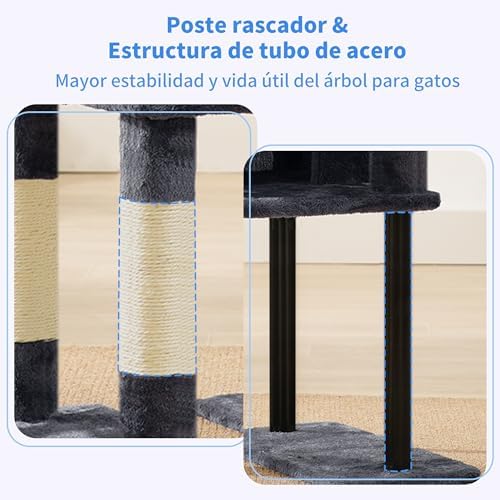 Rascador para Gatos, Árbol para Gatos De 125 Cm, Torre De Gato Espaciosa Y Cómoda con Guarida, Dos Grandes Plataformas, Cesta, Robustos Tubos De Acero, Gris Ahumado HCT200SG-