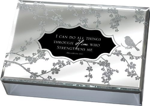 Cottage Garden I Can Do All Things Through Him Who Large Deluxe Glass Mirror Jewelry Music Box - Plays Amazing Grace