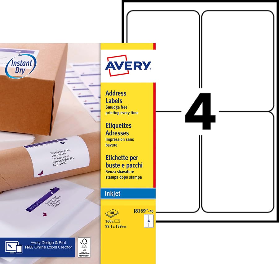 Avery Self Adhesive Labels, Inkjet Printers, 4 labels per A4 sheet, 160 labels, QuickDRY (J8169)