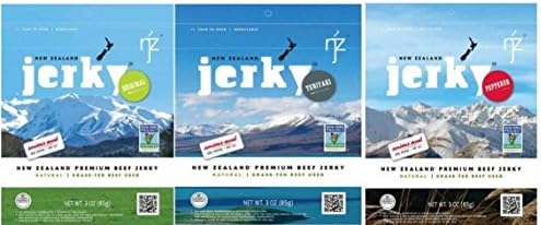 New Zealand Natural Premium Grass-Fed Beef Jerky 3 Flavor Variety Bundle: (1) New Zealand Original Beef Jerky, (1) New Zealand Peppered Beef Jerky, and (1) New Zealand Teriyaki Beef Jerky, 3 Oz. Ea.