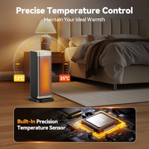 Space Heater for Indoor Use, 1500W PTC Ceramic Fast Heating with Thermostat, 70° Oscillating, 12h Timer, Overheating & Tip-Over Protection, Portable Electric Heater for Bedroom OfficeHome, 16'' Tall