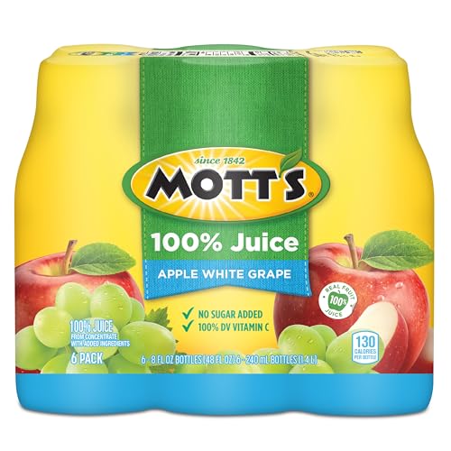 MOTT’S 100% APPLE WHITE GRAPE JUICE, 8 FL OZ BOTTLES, 24 COUNT (4 PACKS OF 6), NO ADDED SUGAR, EXCELLENT SOURCE OF VITAMIN C, 2 SERVINGS OF FRUIT PER BOTTLE, GLUTEN & CAFFEINE FREE, ON-THE-GO
