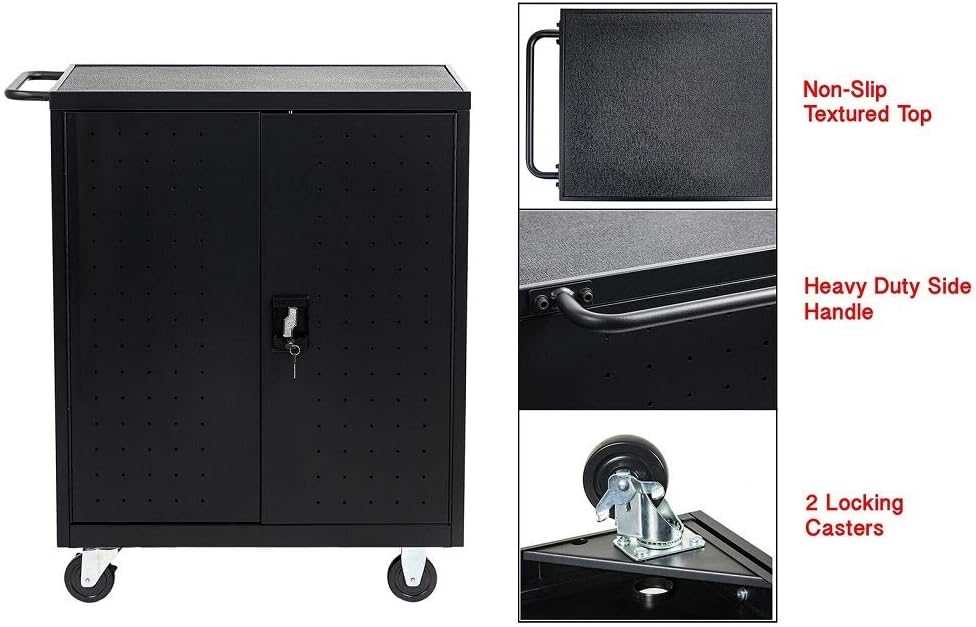 30 Device Mobile Charging and Storage Cart for iPads, Chromebooks and Laptop Computers, Up to 13-inch Screen Size, Surge Protection, Front & Back Access Locking Cabinet : Office Products