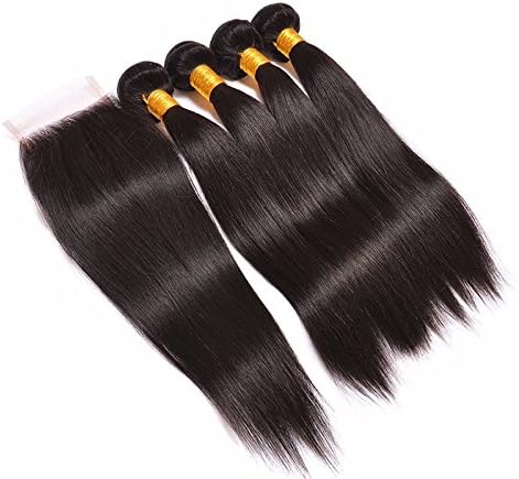 Lanova Beauty 4Bundles+1Closure Malaysian Hair Weave Bundles Unprocessed Silky Straight Human Hair Extensions 4Pcs22"24"26"28"and 1Pc Remy Hair Closure(4*4)20"