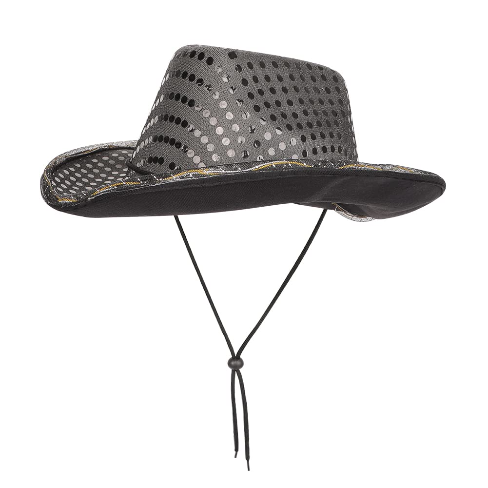 LED Light Up Cowgirl Hat - Black Sequin Sparkly Fancy Dress Texan Cowboy Hat for Men & Women - Halloween Costume Cosplay
