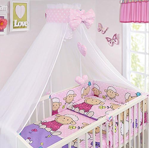 LUXURY 10Pcs BABY BEDDING SET COT PILLOW DUVET COVER BUMPER CANOPY to Fit Cot Size 120x60cm 100% COTTON (Sheep Pink)