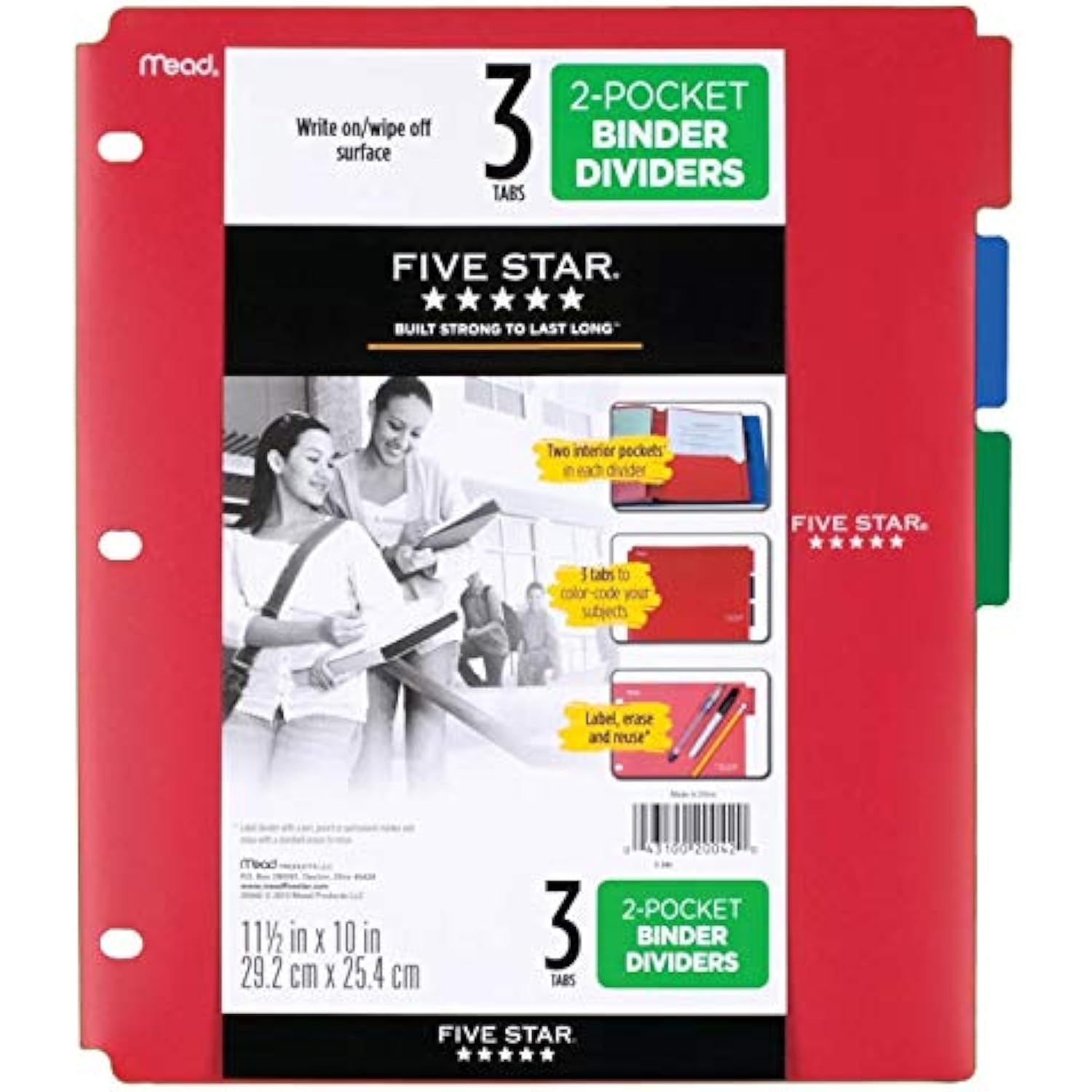 Mead Five Star 2 Pocket Binder Dividers 3 Tabs Red/Blue/Green