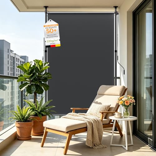 HOMEDEMO Senkrechtmarkise Außen, Vertikalmarkise ohne Bohren, Balkonrollo mit Einstellbare Handkurbel, Sichtschutz Sonnenschutz Windschutz, Garten, 15