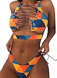 tengweng Women's African Print Two Piece Lace Up Bikini Set High Cut Thong Swimsuit S BQB03