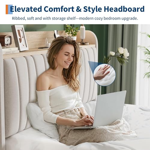 Queen Size Upholstered Bed Frame with Storage Headboard and Charging Station, Platform Bed Frame with Metal Drawers, Heavy Duty, No Box Spring Needed, Easy Assembly, Beige