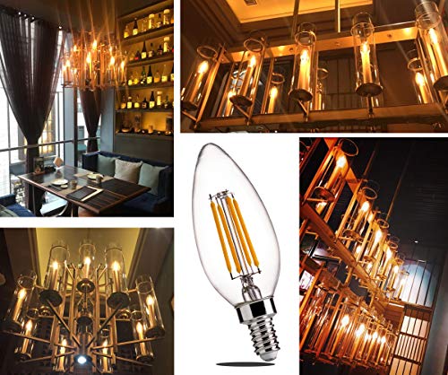 B11 E12 Base 60W Equivalent LED Chandelier Light Bulbs - FLSNT Dimmable Clear LED Filament Candle Bulbs, 4.5W, 2700K Soft White - 6 Pack