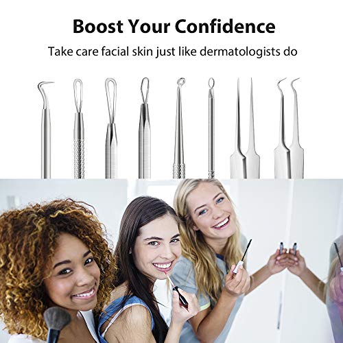 Blackhead Remover Pimple Extractor Tool, Terresa 8pcs Blackhead Extractor, Comedone Extractor Acne Removal Kit for Blemish, Whitehead Popping, Zit Removing for Nose Face with Leather Bag