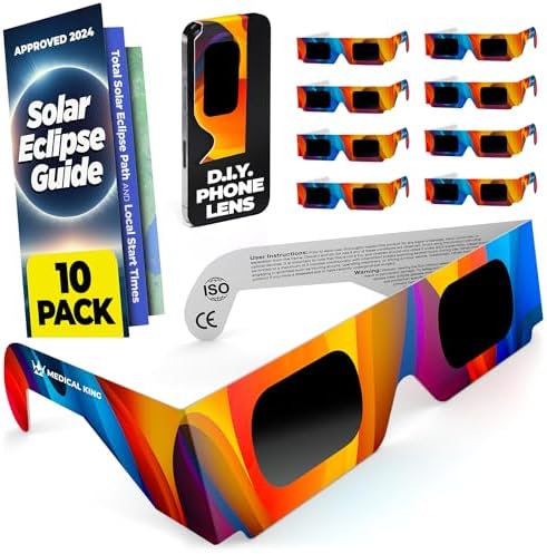 Occhiali da sole per eclissi solare approvati AAS 2024 (confezione da 10) Occhiali da sole sicuri certificati CE e ISO per vedere direttamente il sole Include guida aggiuntiva Confezione