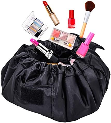 Adigow Drawstring Cosmetic Bag Large Lazy Makeup Bag Multifunction Storage Pouch Portable Quick Pack Waterproof Travel Bag (Black)