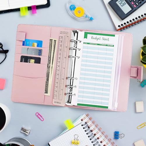 A6 Savings Notebook and Budget Planner - Money Organizer with Envelope Method, Money Saving Binder with Sleeves, Starter Kit for Successfully Saving and Controlling Finances (Pink)