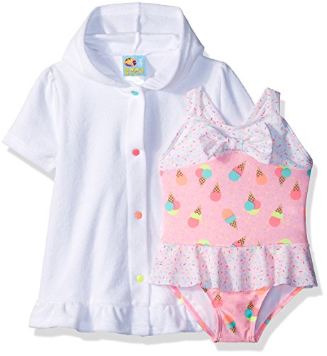 Baby Buns Baby Girls One Piece Sweet Treat Swimsuit Set With Hooded Cover up, Multi, 24M