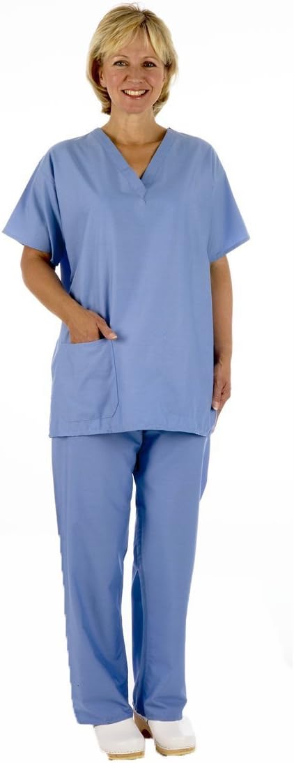 Medical Scrub Tunic + Trouser Set - Reversible, Unisex Blue or Green with Caresupermarket Pen (Large, Ceil Blue/Pale Blue)