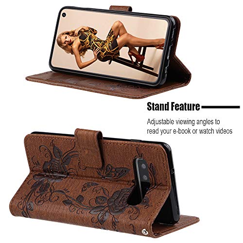 Funyye Wrist Strap Leather Cover for Samsung Galaxy S10,Brown Magnetic Flip Butterfly Embossing Flower Pattern Folio Wallet Case with Stand Credit Card Holder Slots Case for Samsung Galaxy S10